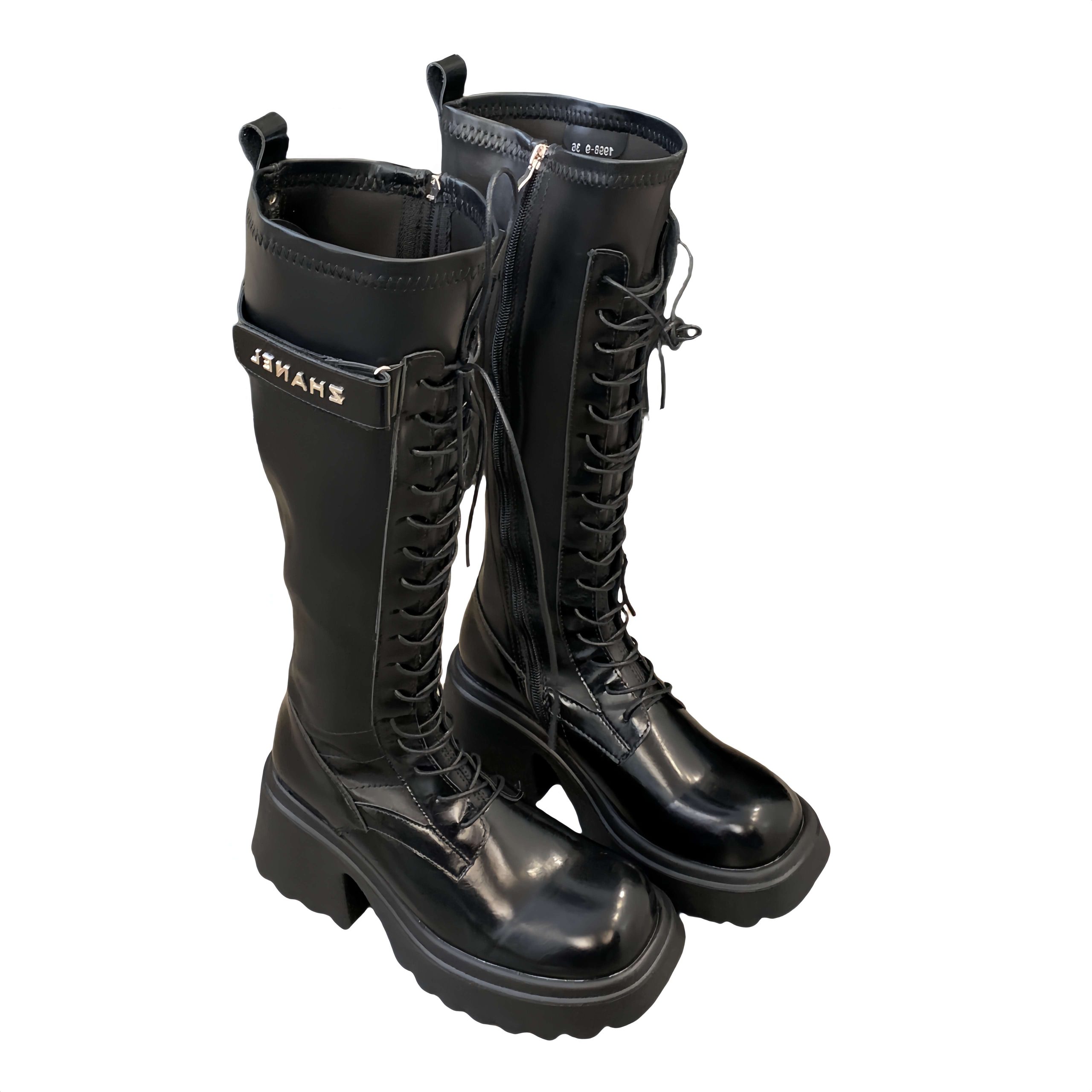Women's High-Top Rider Boots Chunky Heel Platform Lace-Up Tall Boots 2024 Fall New Arrival - Image 5
