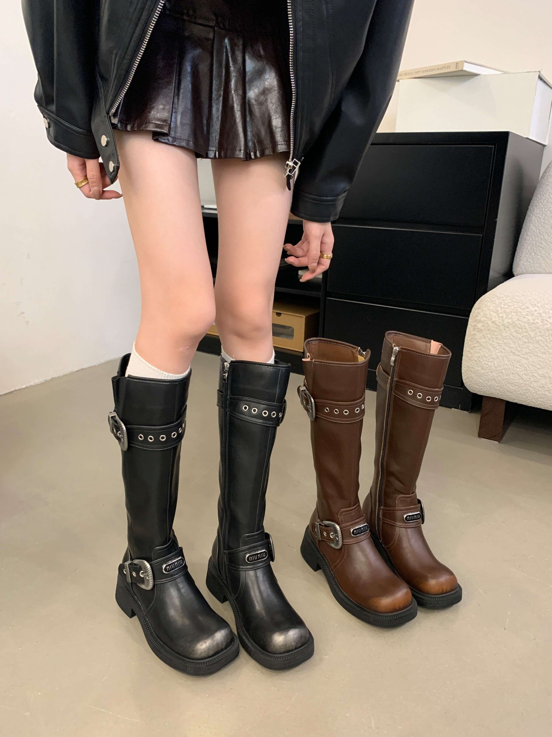 Zhuipin Retro Western Cowboy Boots 2024 New Autumn Winter High Top Chunky Heel Motorcycle Riding Boots