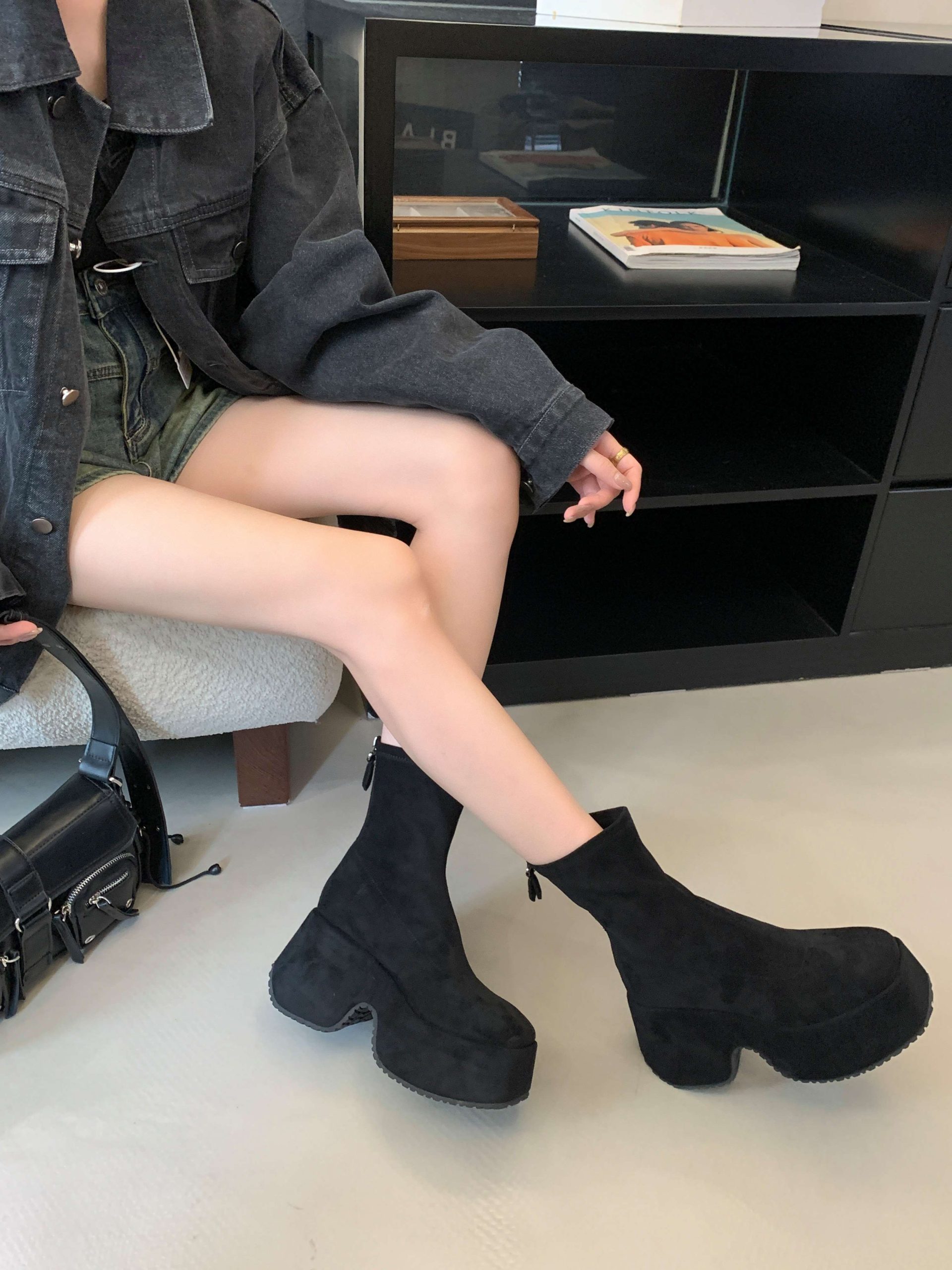 Stretchy Slim Fit Boots for Women Soft Leather Black Long Boots 2024 New Platform Thick Sole Tall Boots Over Knee Boots Short Boots