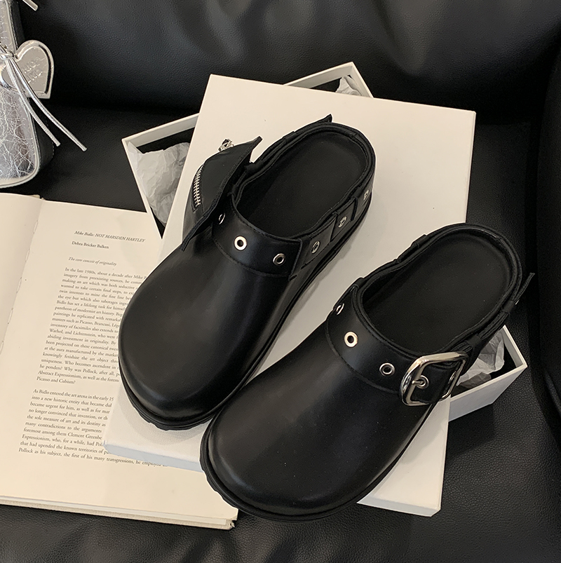 Round Toe Metal Rivet Open Toe Half Slippers Women 2025 New Thick Sole Belt Buckle Birkensock Slippers