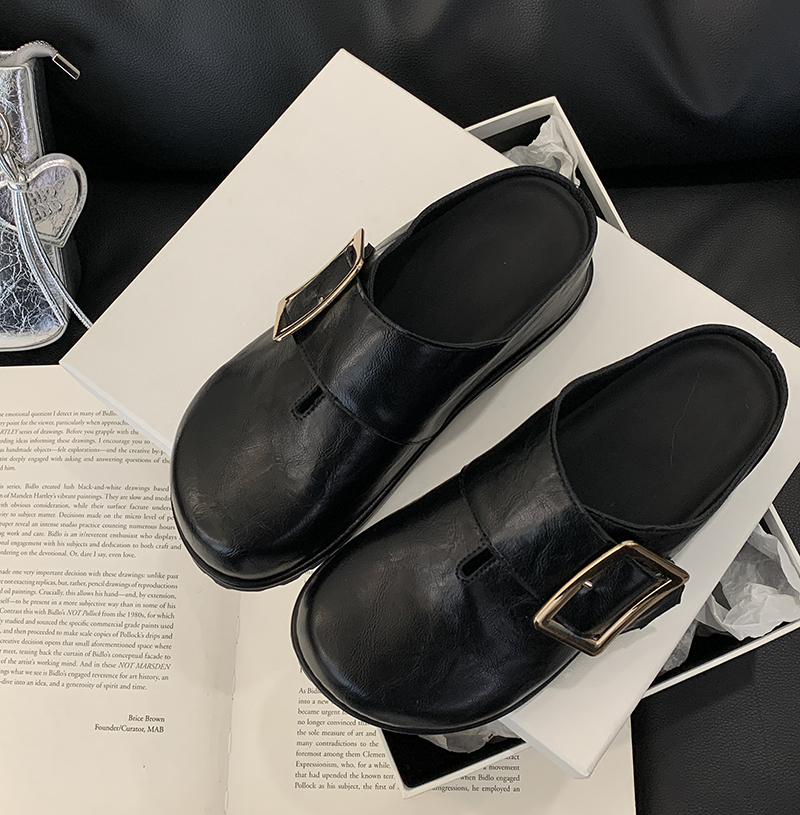 Round Toe Metal Rivet Open Toe Half Slippers Women 2025 Spring Summer New Thick Sole Buckle Strap Outdoor Birkenstock Slippers