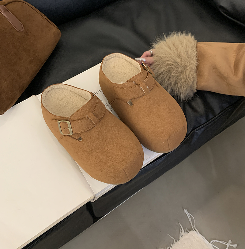 2024 Winter Wool Clog Slippers Thick Sole Platform Slip-On Loafers Buckle Decor Half Height Increase Casual Shoes