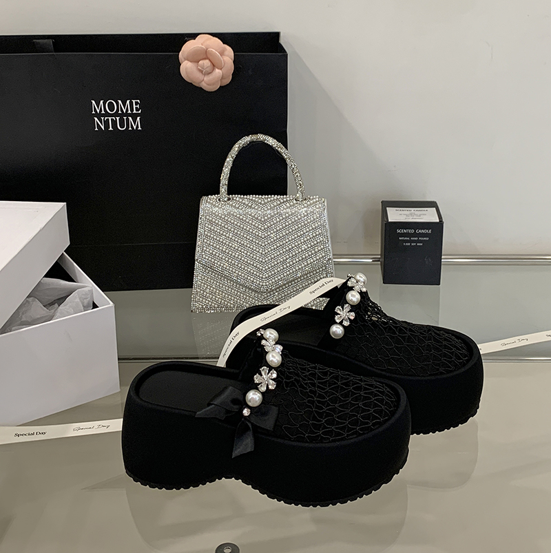 Zhuipin 2025 New Pearl Rhinestone Hollow Mesh Breathable Half Slippers Chunky Heel Platform Sandals