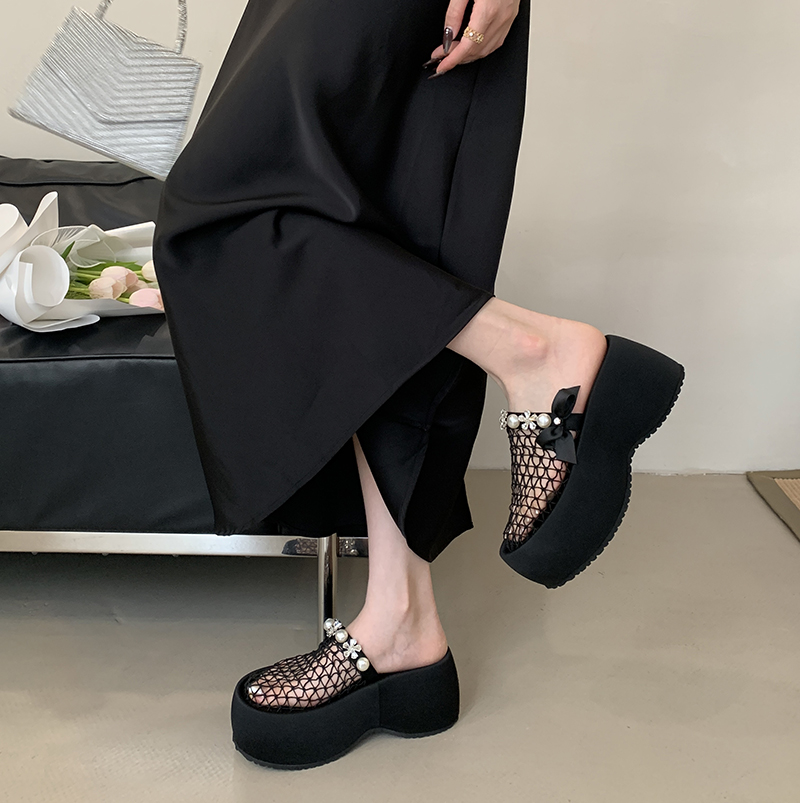 Zhuipin 2025 New Pearl Rhinestone Hollow Mesh Breathable Half Slippers Chunky Heel Platform Sandals - Image 4