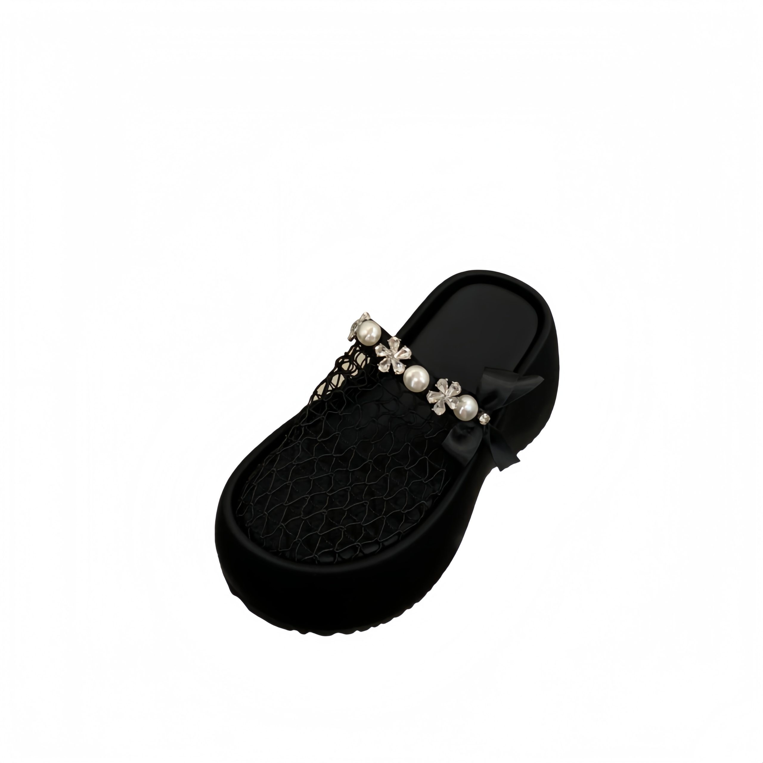 Zhuipin 2025 New Pearl Rhinestone Hollow Mesh Breathable Half Slippers Chunky Heel Platform Sandals - Image 5