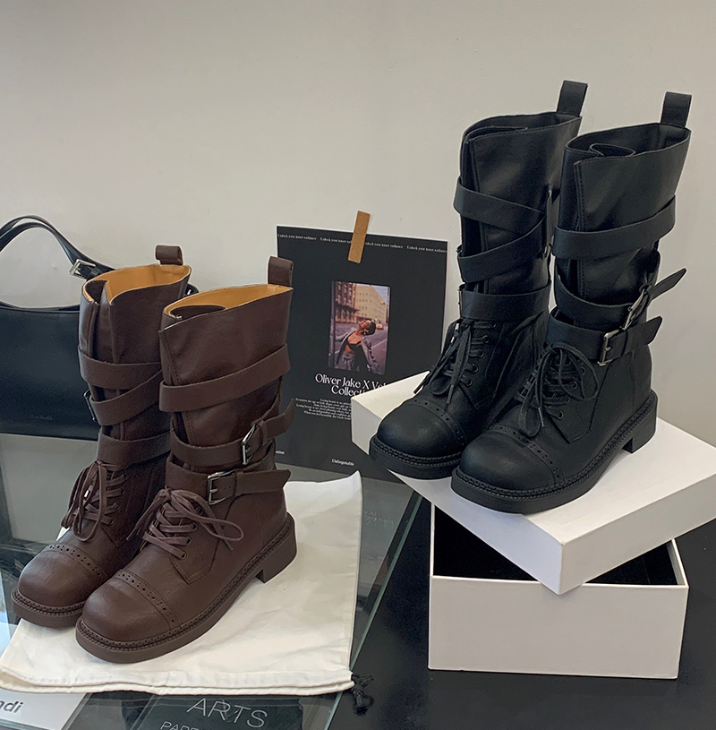 Zhuipin 2025 New Thick Sole Mid Calf Knight Boots Women Retro Belt Buckle Short Motorcycle Boots