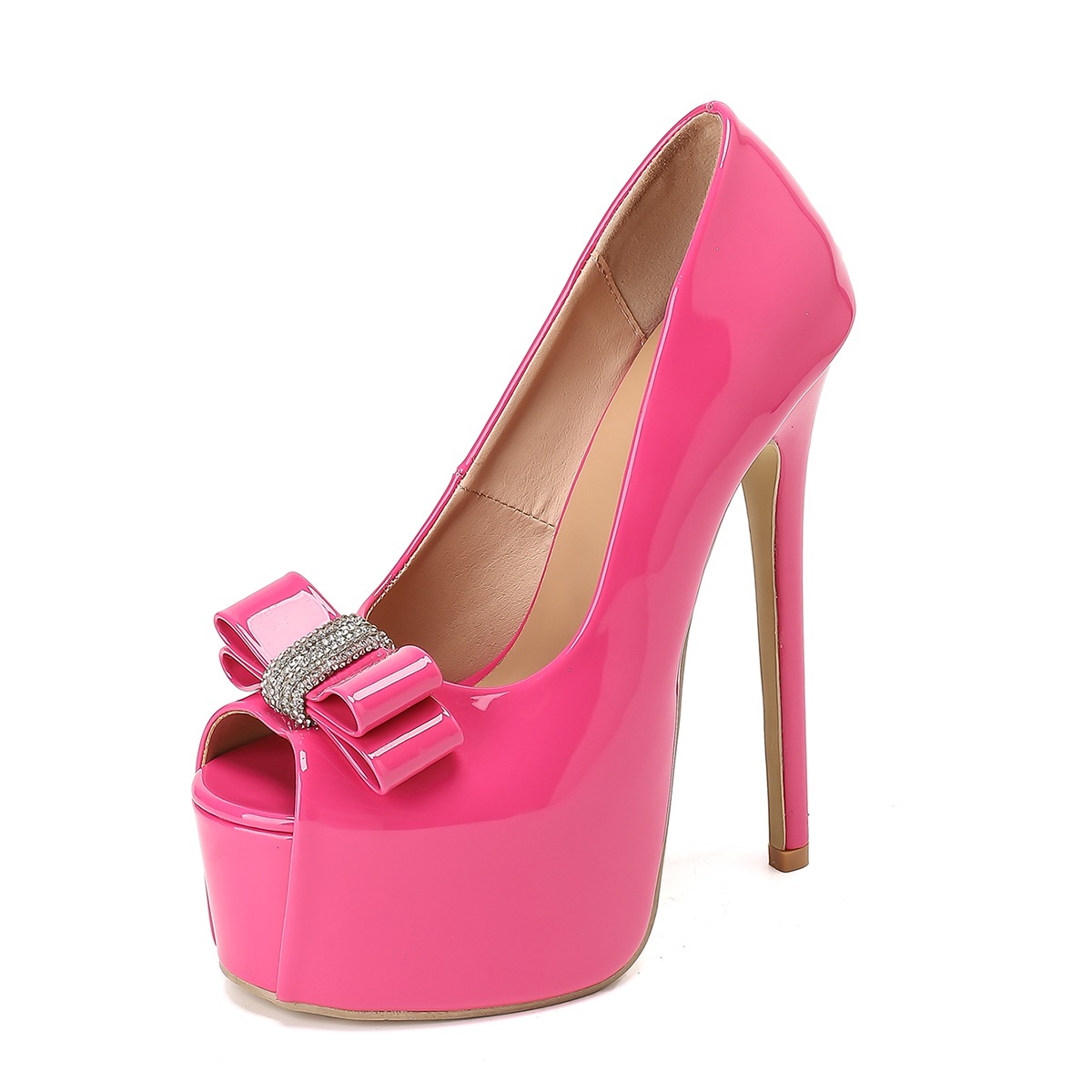 Rhinestone Bow Decor Peep Toe Platform 16cm Shallow Mouth Ultra High Heel Women's Fashion Flat Shoes - Image 5
