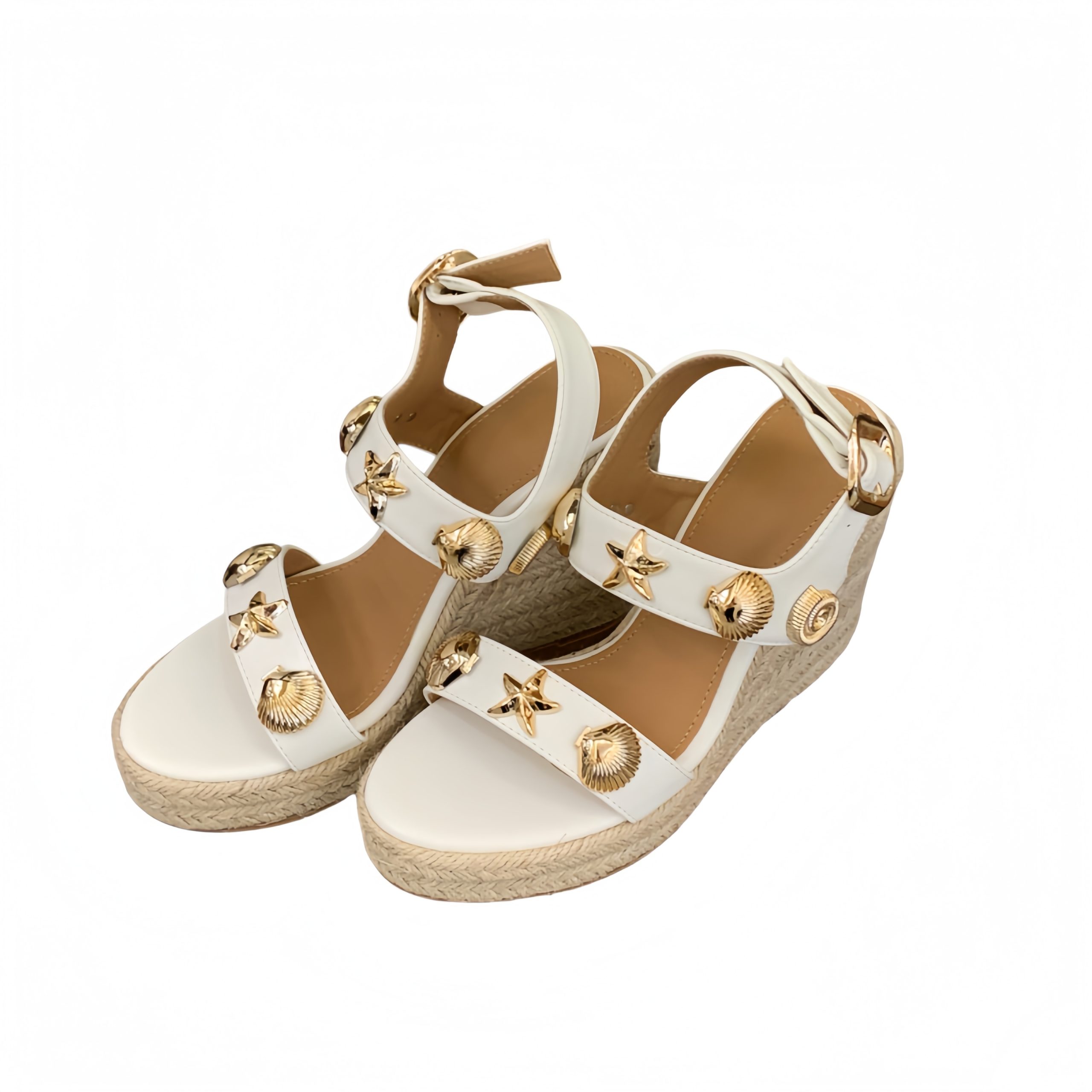 2026 Summer New Woven Wedge Sandals for Women Beach Vacation Style Metal Shell Decor Thick Sole Roman Sandals - Image 5