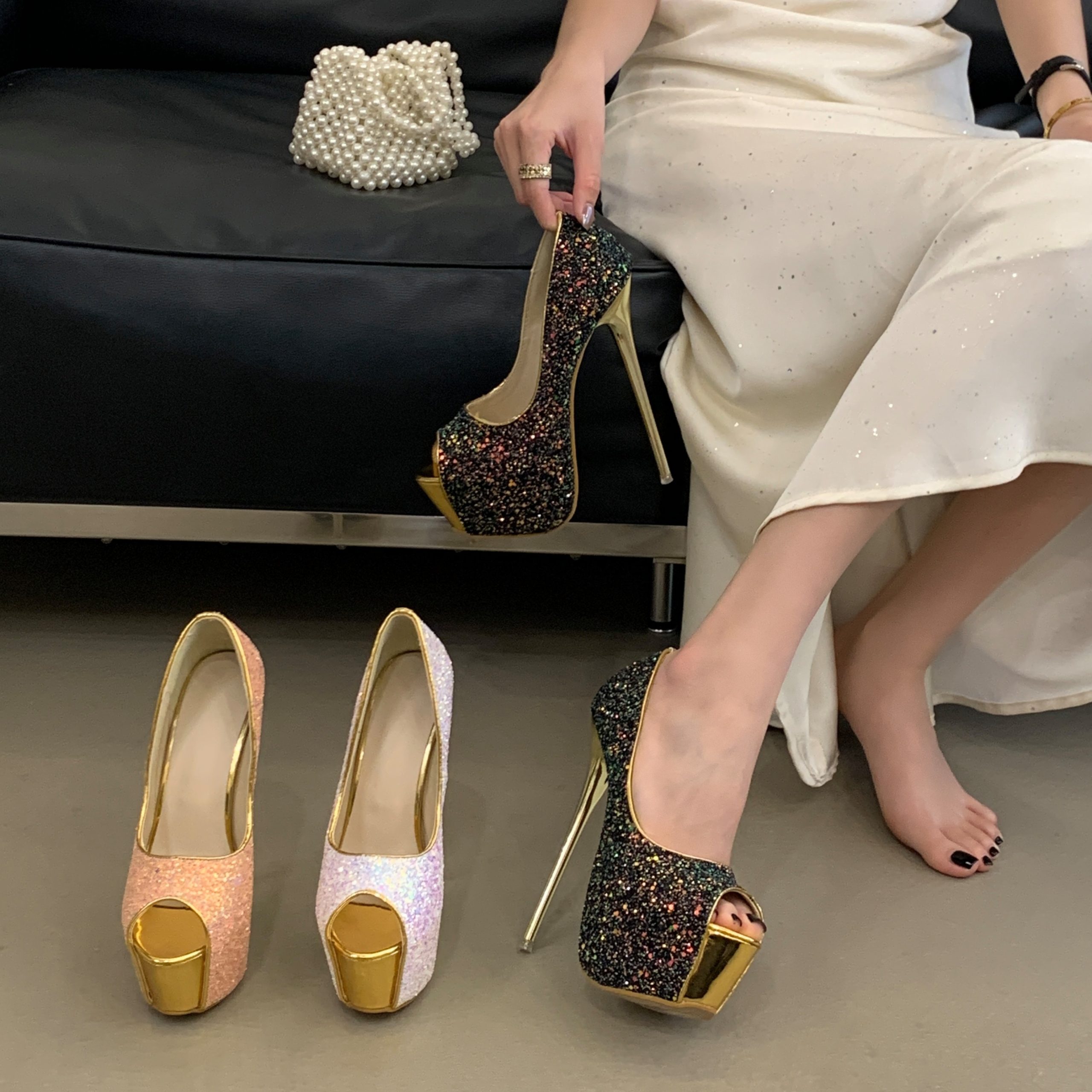 Large Size Shoes 34-45 Stage C Position! Blingbling Sequins Platform High Heels Thin Heel 16cm