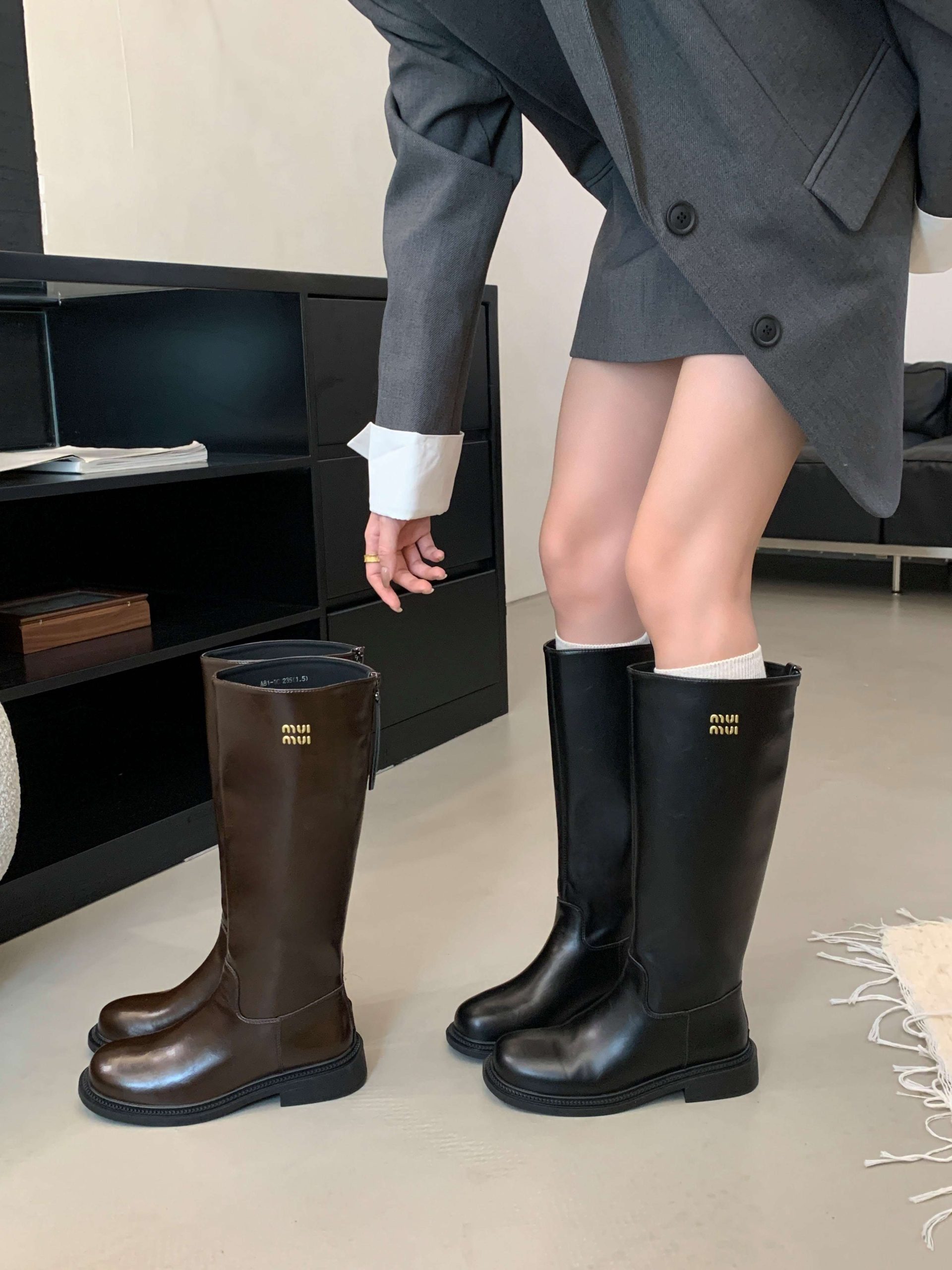 2024 New Autumn Winter Real Leather Women's Tall Boots Not Over Knee High Chunky Heel Riding Boots Vintage Flat Martin Boots Single Boots