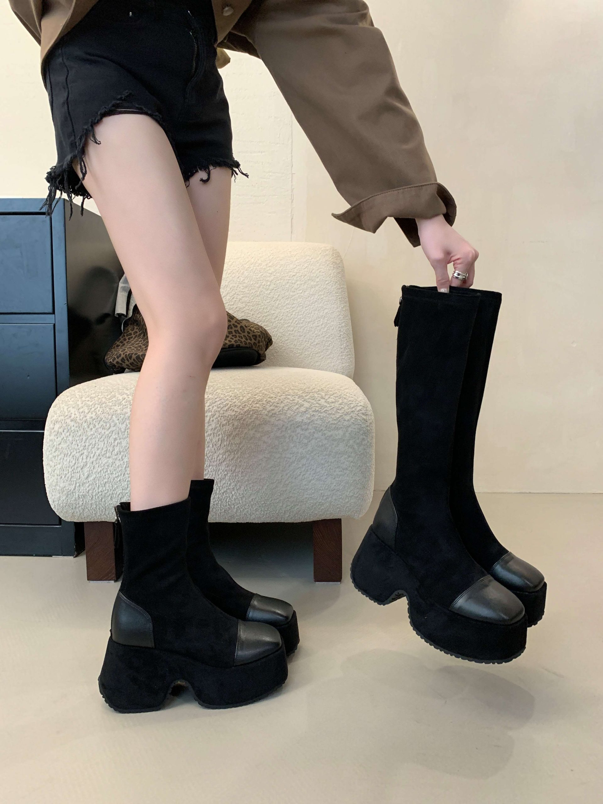 2024 New Chunky Platform Tall Boots Over Knee Boots Ankle Boots Stretch Slim Fit Boots Women Soft Leather Black Long Boots