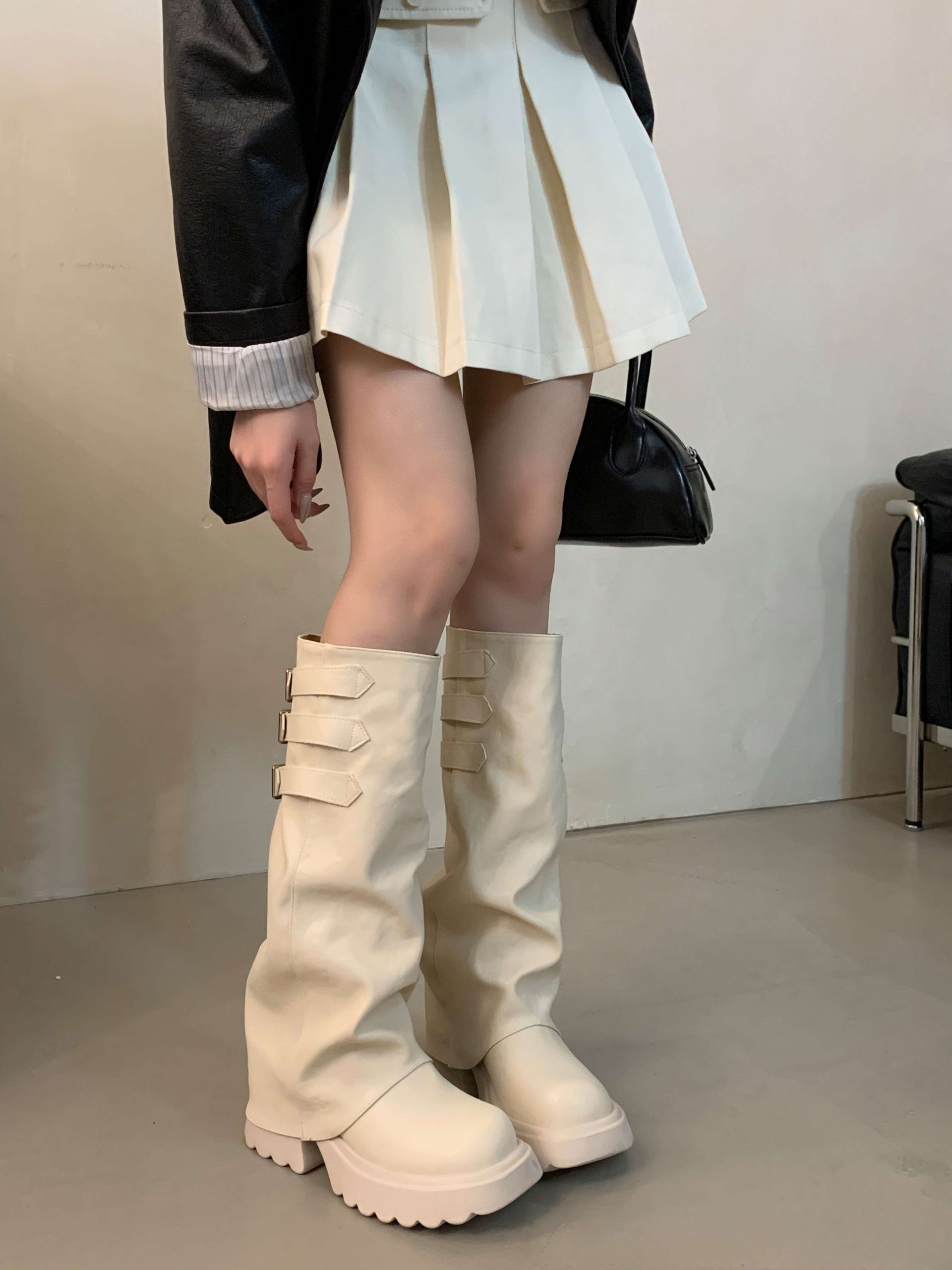 2024 New Knee High Boots for Petite Women Chunky Sole Riding Boots Thick Heel Height Increasing Off White