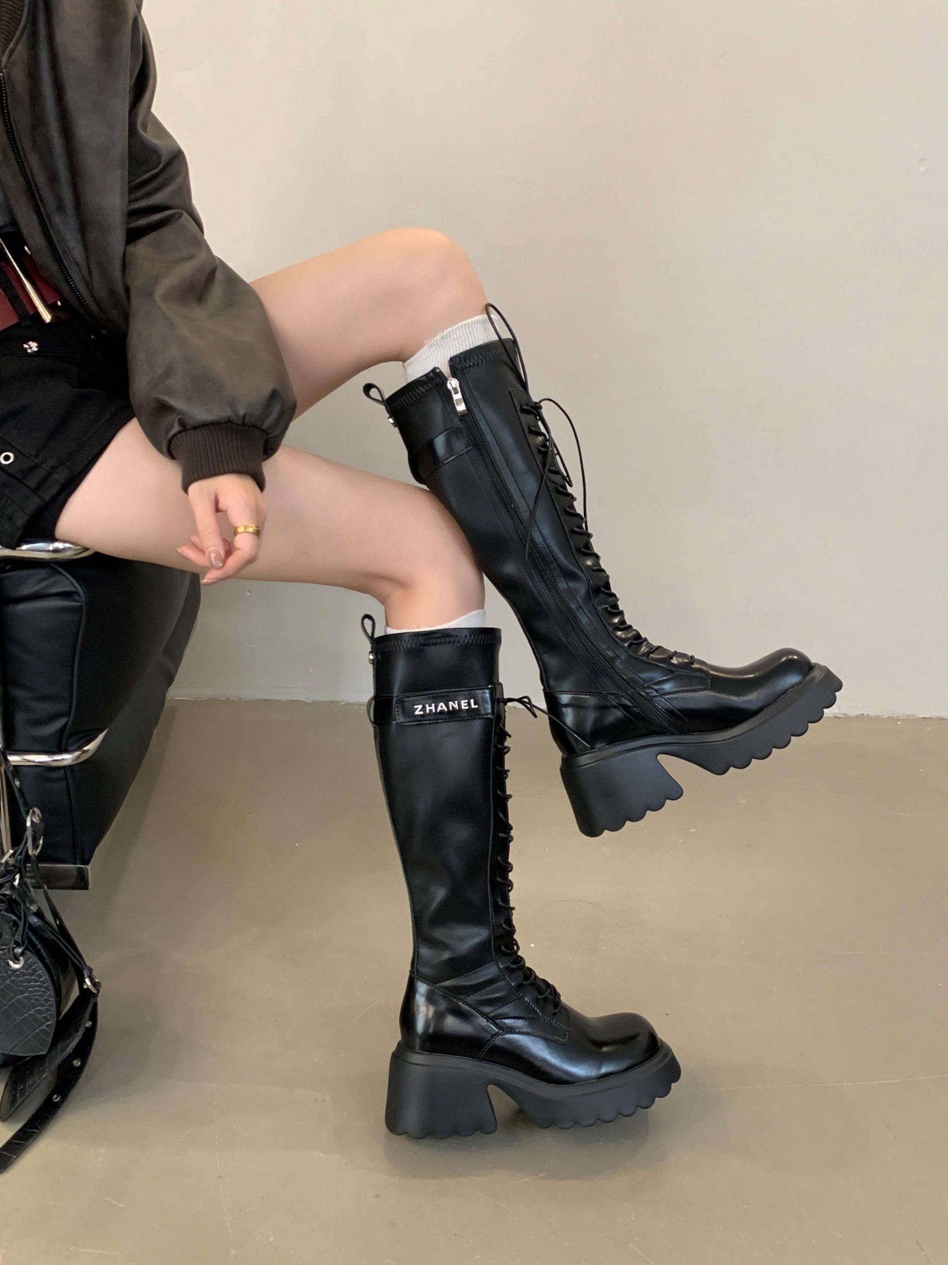 Women's High-Top Rider Boots Chunky Heel Platform Lace-Up Tall Boots 2024 Fall New Arrival