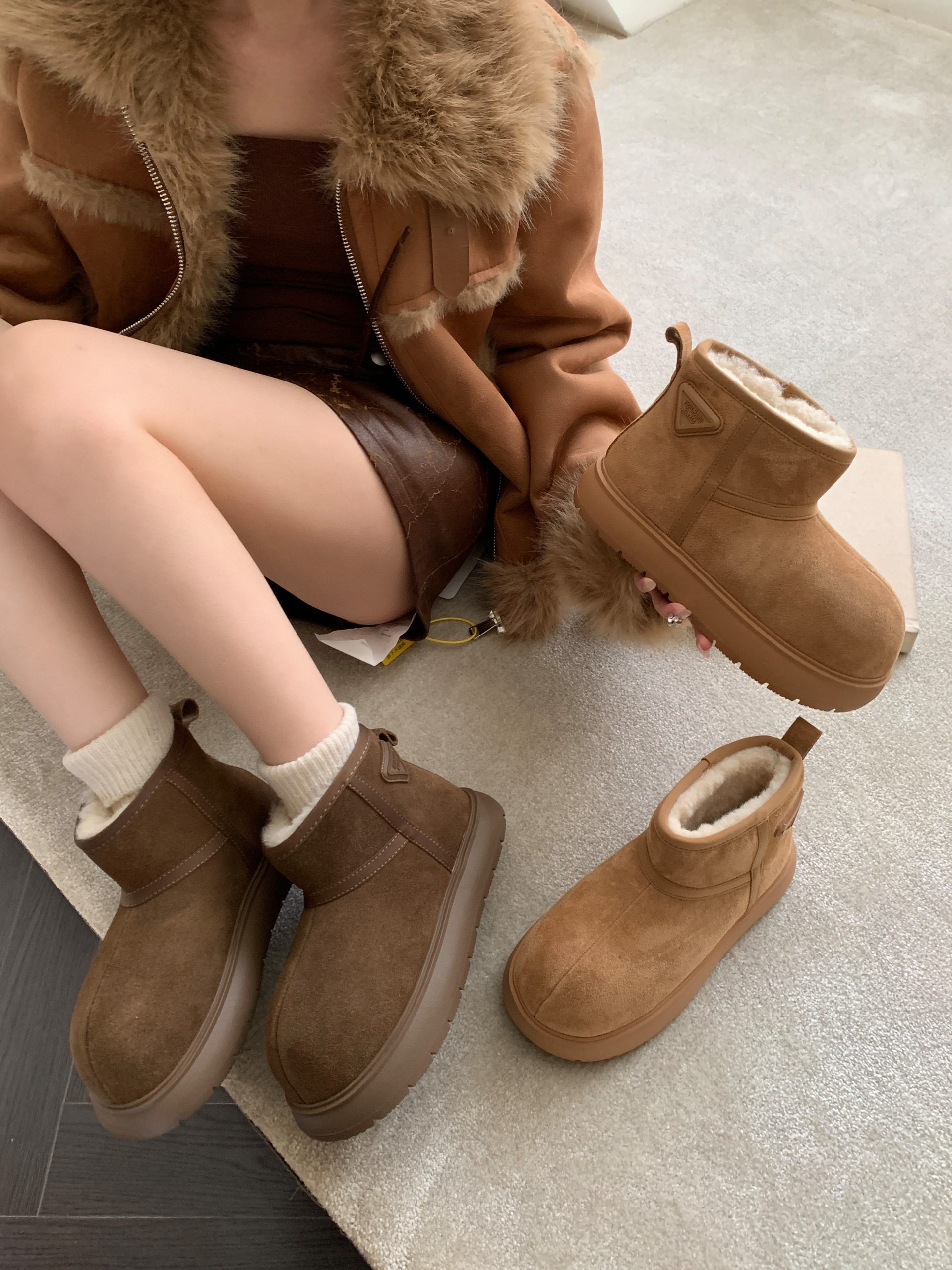 Women's Winter Thick Sole Snow Boots with Faux Fur Lining - Cow Suede, Platform, Warm Cotton Shoes